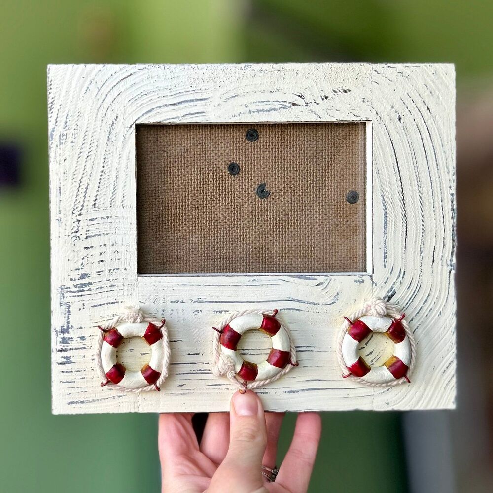 VTG Wooden + Glass Nautical Life Preservers Rustic Picture Frame Accent